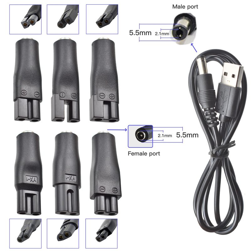 7 PCS Power Cord 5V Replacement Charger USB Adapter Suitable for Electric Hair Clippers, Beard Trimmers, Shavers, Beauty Instruments, Desk Lamps, Purifiers.