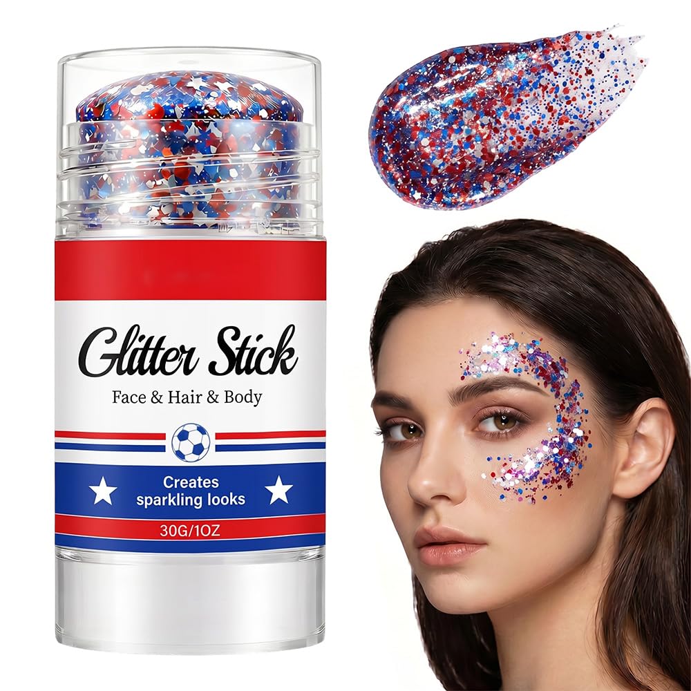 4th of July Glitter Stick, Patriotic Red White and Blue Face Body Hair Glitter Stick, 4th of July Accessories Sparkling Glitter Makeup for Fourth of July Outfits Independence Day Memorial Day (1, #B)