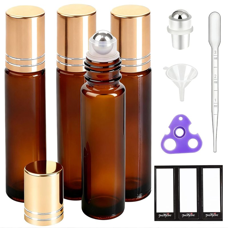 Amber Glass Oil Roller Bottles - 4 Pack 10ml Leak-Proof Refillable | Essential Oils & Perfume