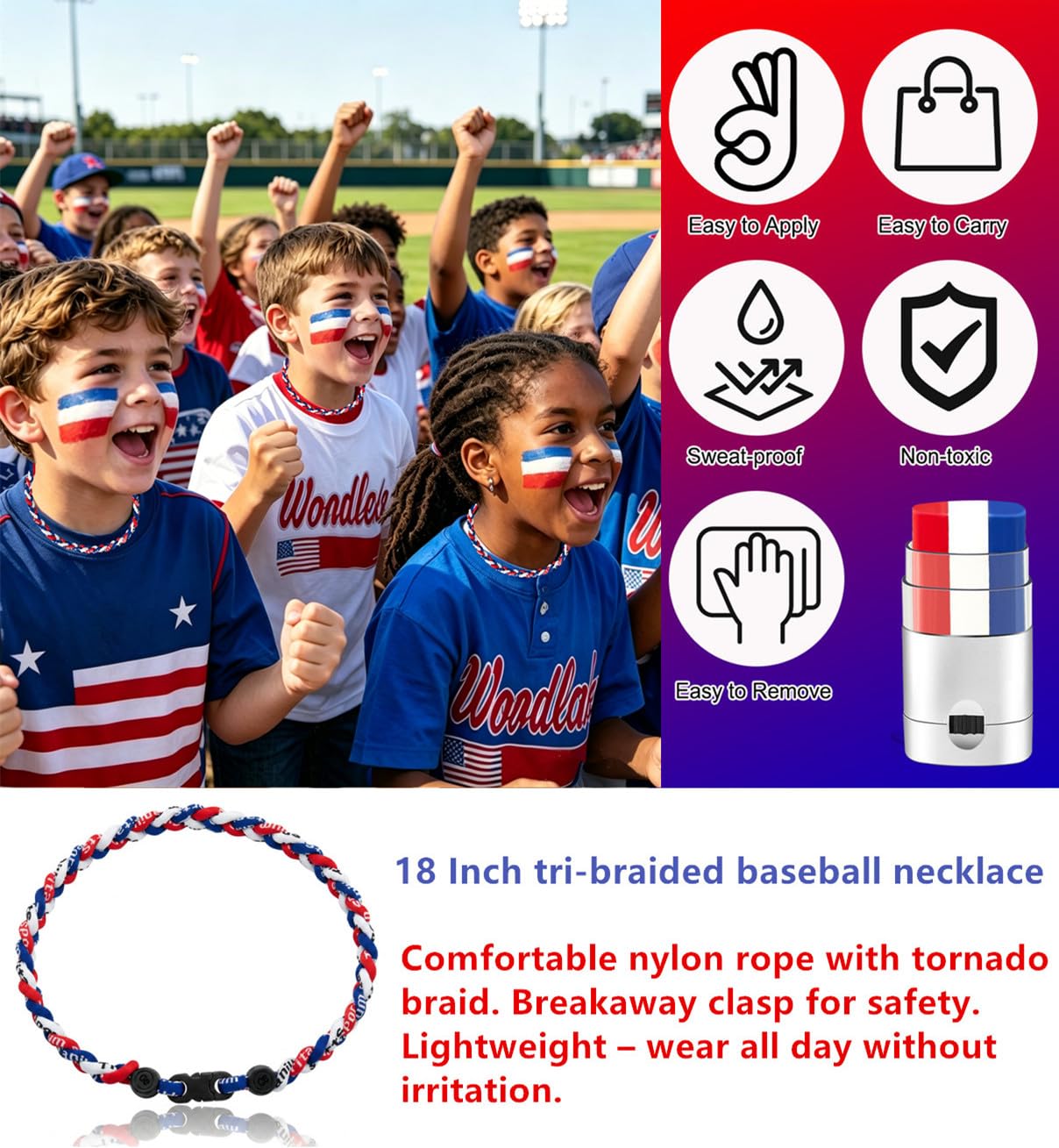 Go Ho Patriotic 2-in-1 Bundle: Red White and Blue Face Body Paint Stick and Baseball Necklace Nylon Tri-Braided Rope Tornado 18 Inch, 4th of July Accessories,USA Team Gifts for Baseball Fans