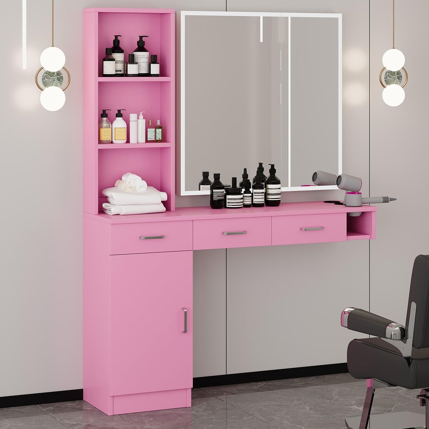 Salon Stations for Hair Stylist, Wall Mount Barber Station with Barber Cabinet, Hair Station Equipment Hair Dryer Holder, Drawers, Storage Cabinet for Hair Styling, Mirror not Included, Pink