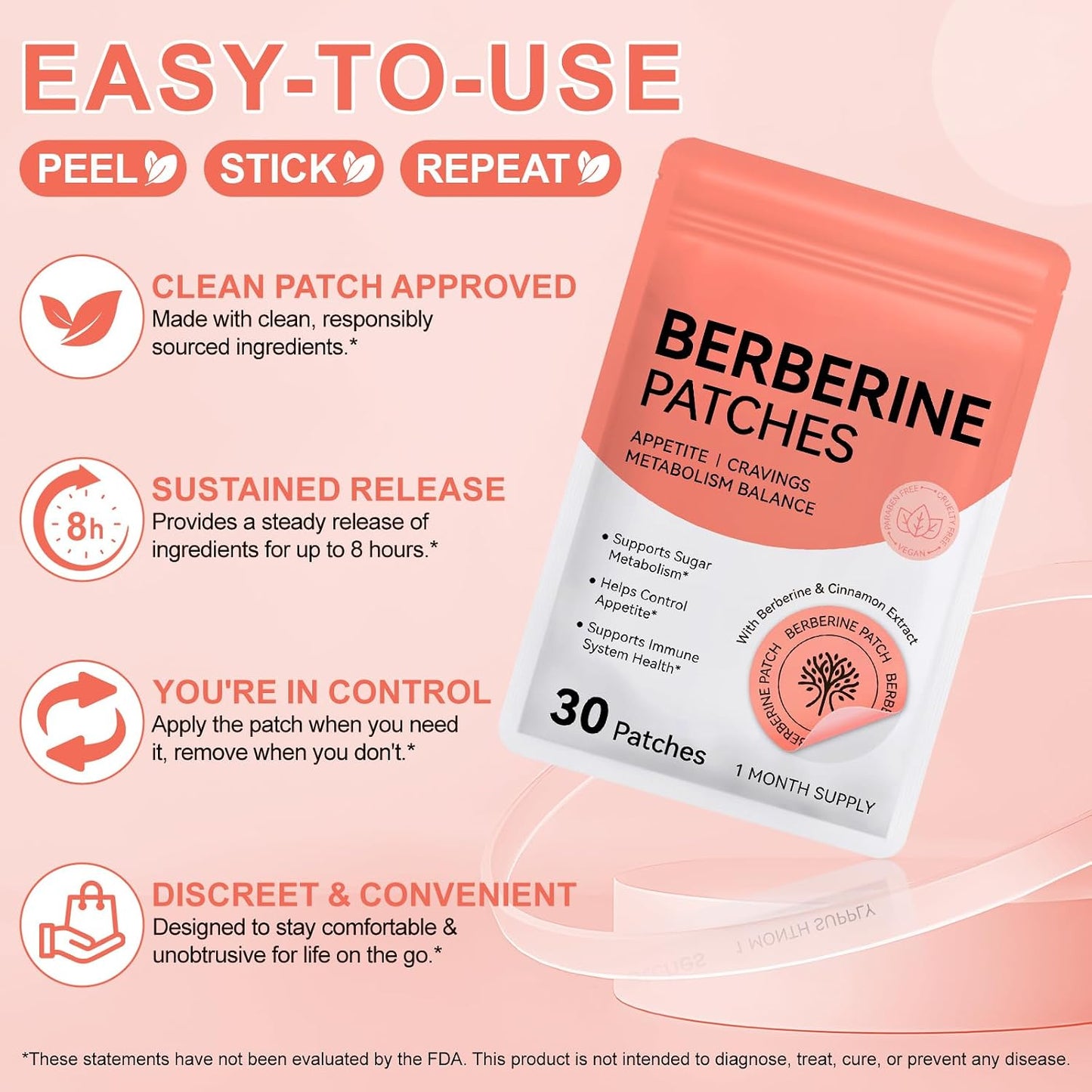 Berberine Patches - Ultra-Thin & Breathable Textile, Waterproof Botanical Formula | 30 Pcs with Cinnamon & Pomegranate