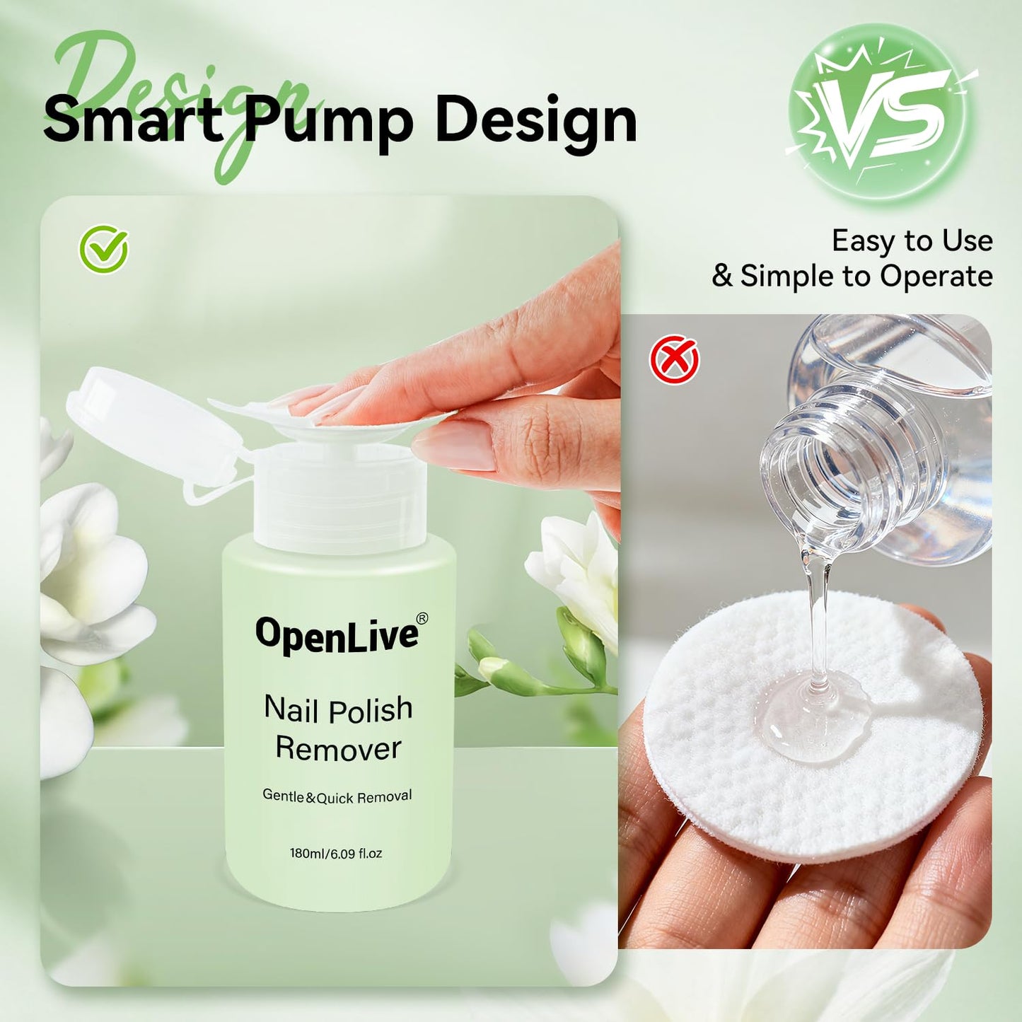 OpenLive Jasmine Scent Nail Polish Remover, 180ml Non Acetone free Nail Polish Remover for Regular Nail Polish with Easy Push-down Pump, 6.08 Fl Oz