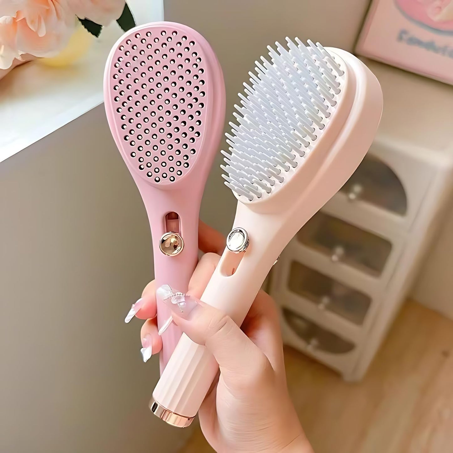 2 PCS Telescopic Self Cleaning Hair Brush For women, One Click Hair Comb Massage Eliminates Knots Detangling Hairbrush