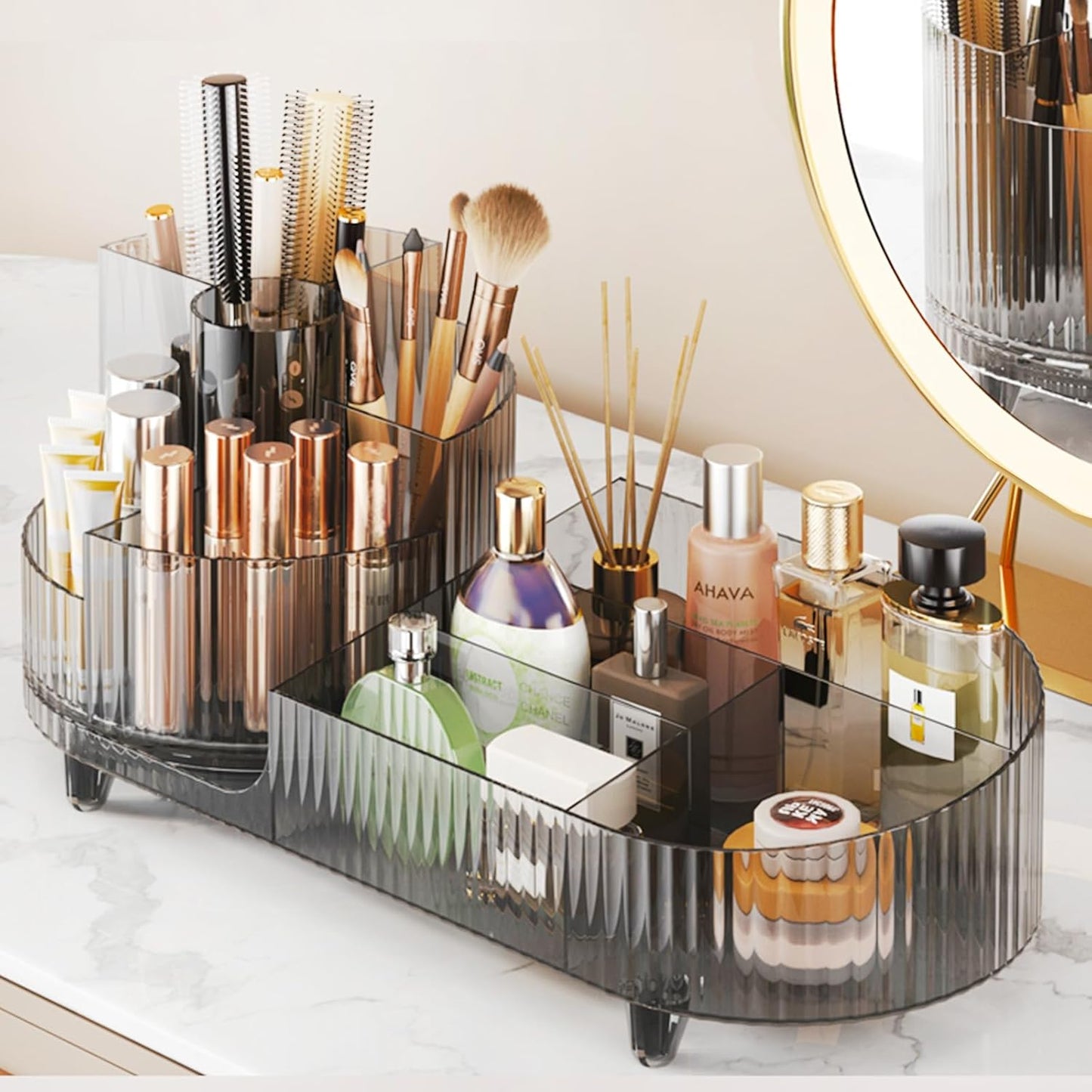 Rotating Makeup Organizer - Large Spinning Vanity Storage with Brush Holder | Black Cosmetic Display Case
