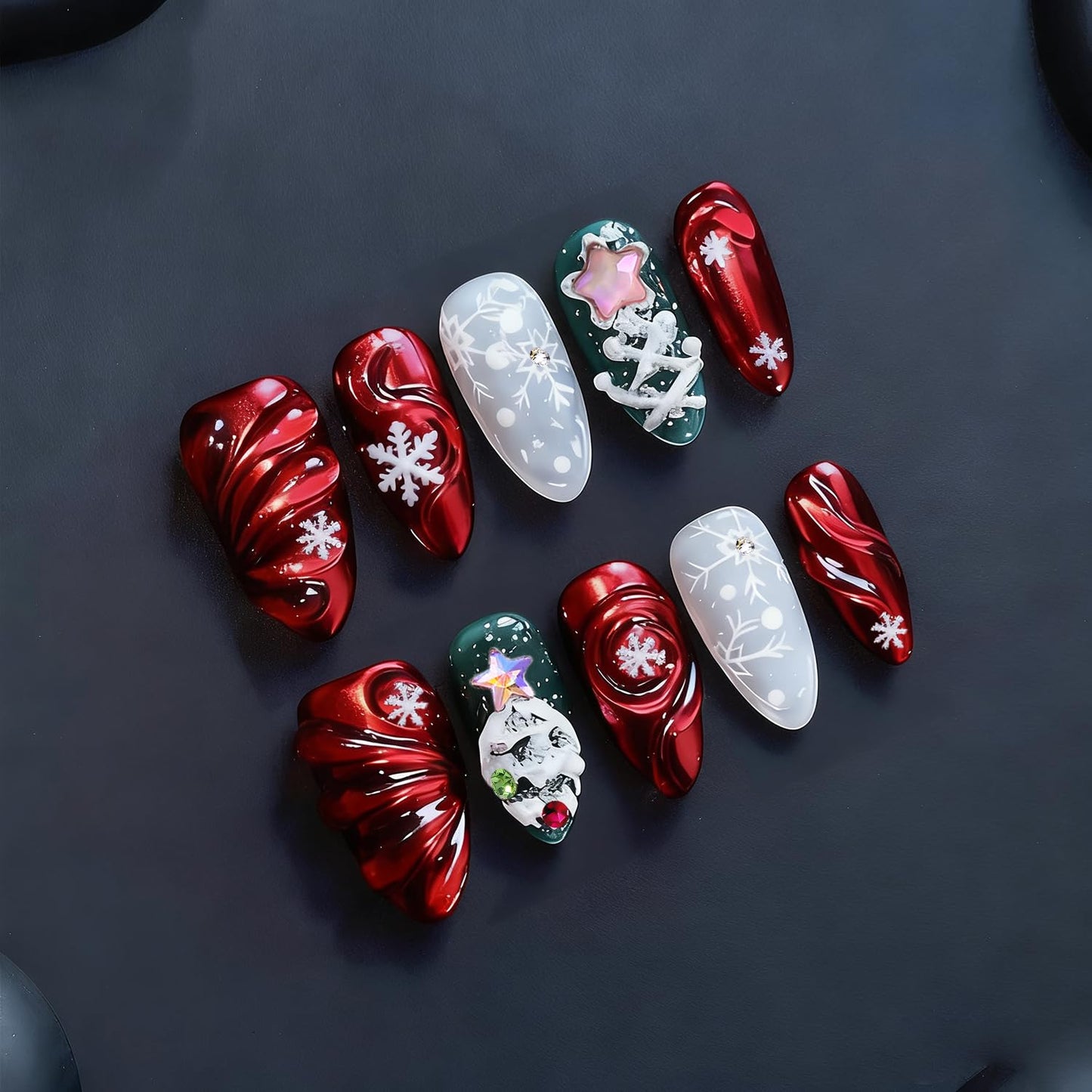 Christmas Press-On Nails - 24pcs Almond Medium Fake Nails with 3D Santa Claus & Snowman Designs | Holiday Nail Art Set