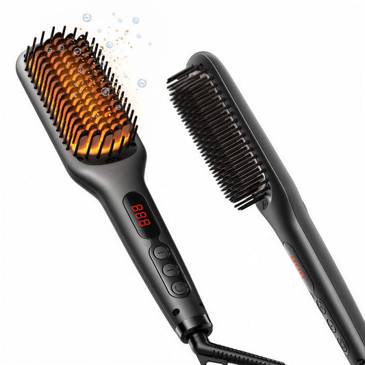 MEGAWISE Pro Ceramic Ionic Hair Straightener Brush for Home Salon, Straightening Hair Brush with 20s Heating Tech, Auto-Off, Anti-Scald with Universal Dual Voltage,Rotatable Power Cord, Black