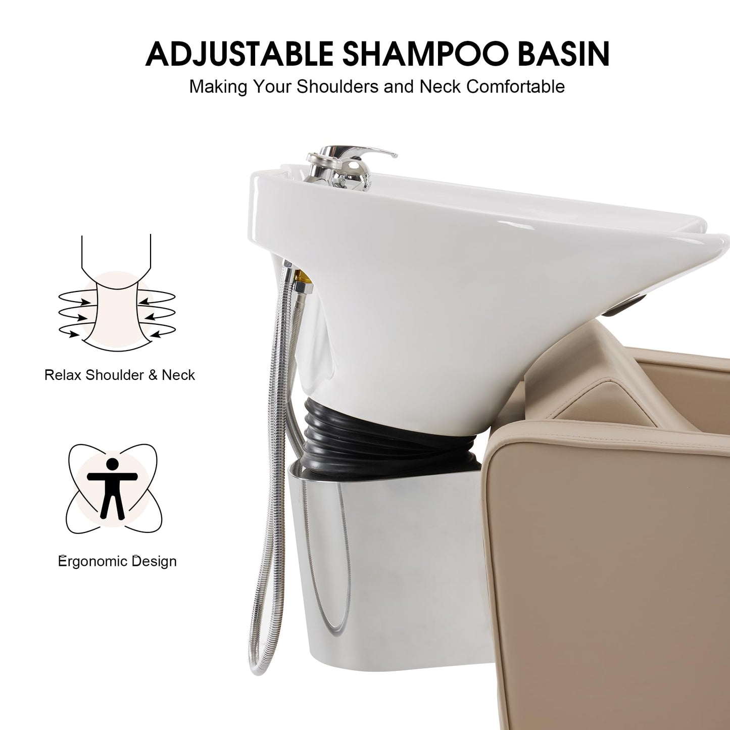BarberPub Backwash Shampoo Station Chair, Adjustable Porcelain Ceramic Hair Wash Bowl Sink Unit Station, Reclining Shampoo Station Chair for Spa Beauty Salon Hair Salon Equipment 9303 (Beige)