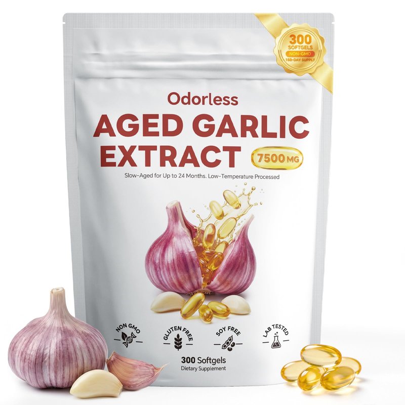Gomerton Aged Garlic Extract Softgels - 300 Count Odorless Organic Garlic Extract, 15:1 Extract Formula, Heart & Immune Support, Non-GMO Softgels, 2-Year Matured, Gluten-Free