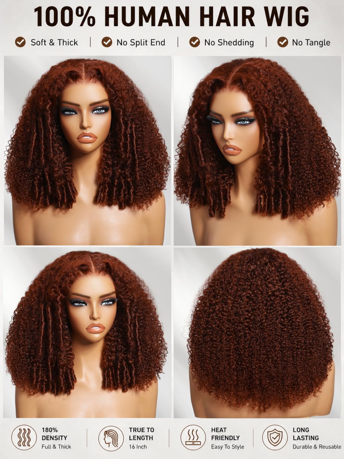 UNICE 13x4 Burmese Curly Lace Front Wig Human Hair, Reddish Brown Glueless Wig Pre-Plucked Pre-Cut, Fluffy Layered Drawstring Wig 200% Density, Ready to Wear for Women 16 Inch