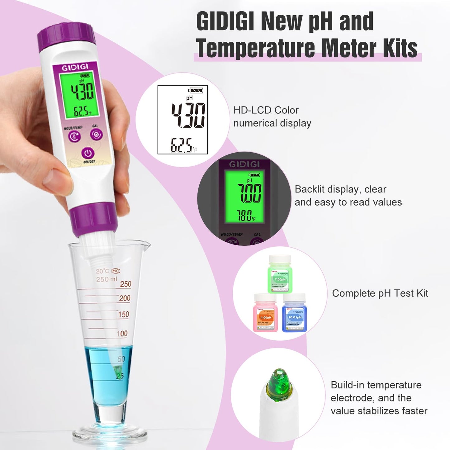 GIDIGI pH Meter for Food, Digital Electronic pH Tester for Fermentation, 3 * 50ml pH Calibration Solution Kits Hot Sauce, Food Tester Probe for Cheese, Sourdough, Salsa, pH Test Strips for Acidity