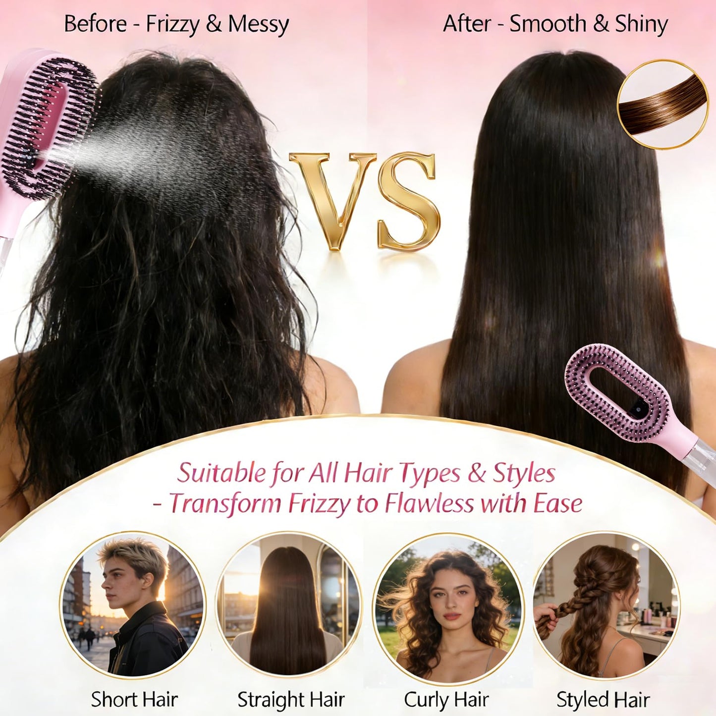 Hair Brush with Water Spray, 2-in-1 Detangling Tool for Frizz Control, Works on Wet & Dry Strands, Portable Mist Comb for Thick, Curly & Fine Textures(2pcs pink)