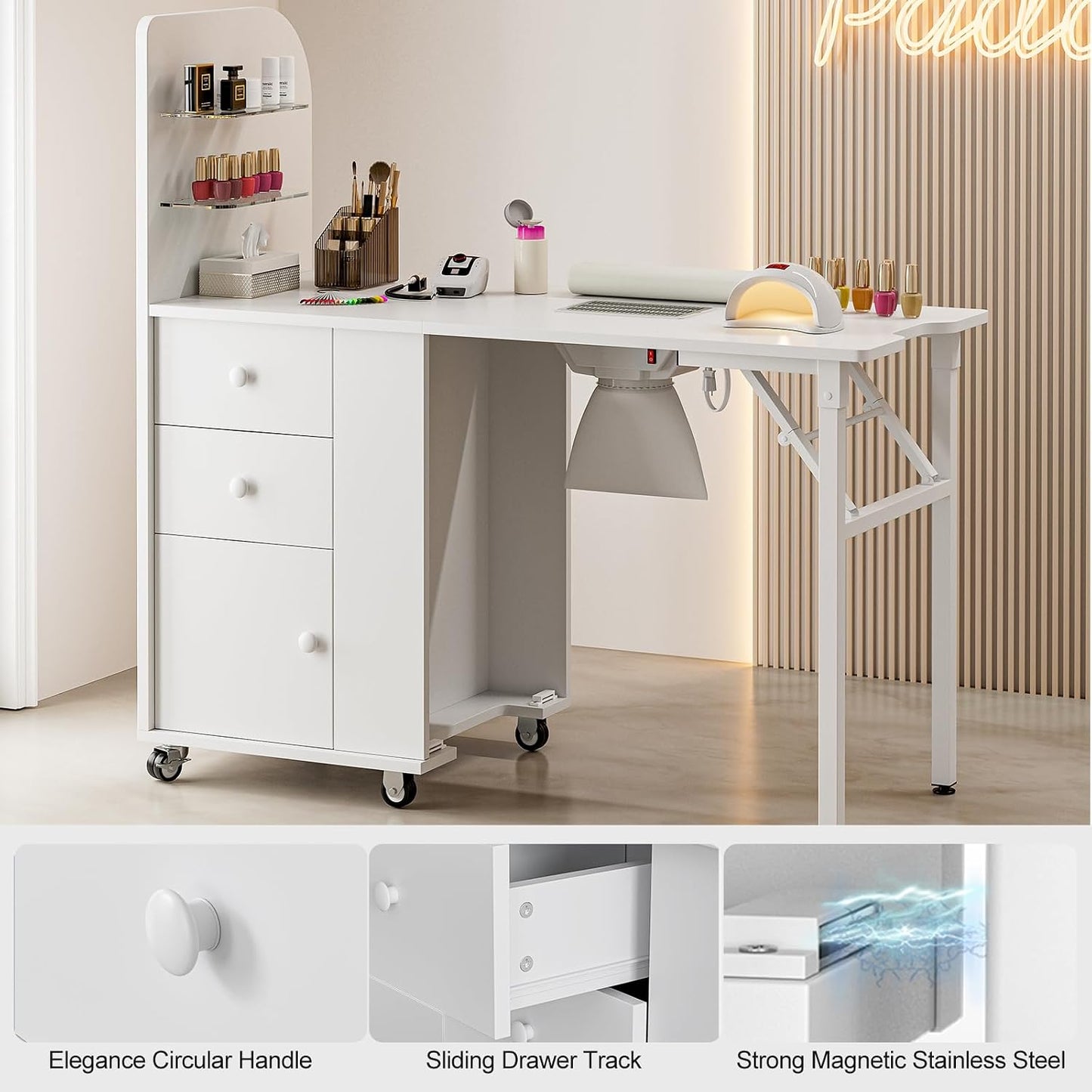Foldable Nail Desk - Manicure Table Station with Dust Collector, 2 Shelves & Drawers | Portable Design with Lockable Wheels