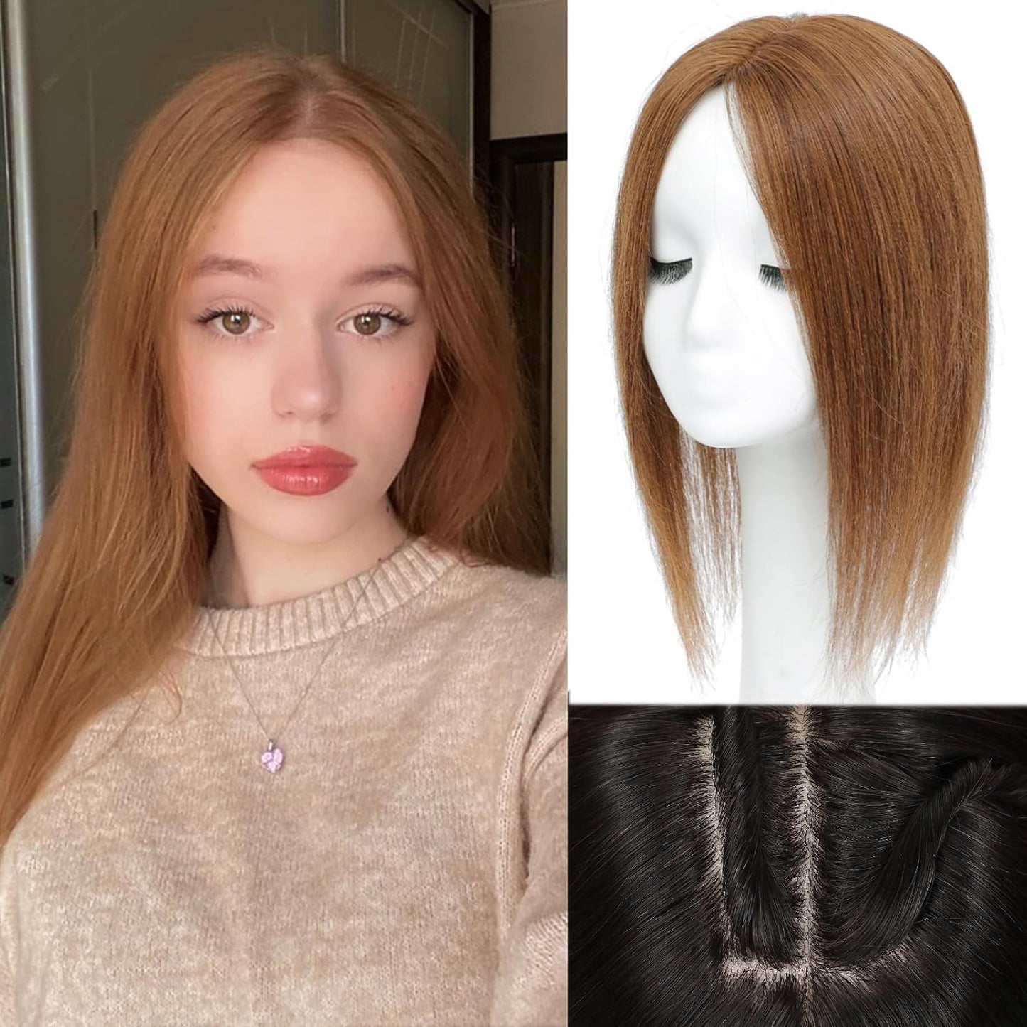 Hair Toppers for Women - Real Human Hair 14 Inch Clip-In Curtain Bangs | Big Base 360° Coverage (Light Brown)