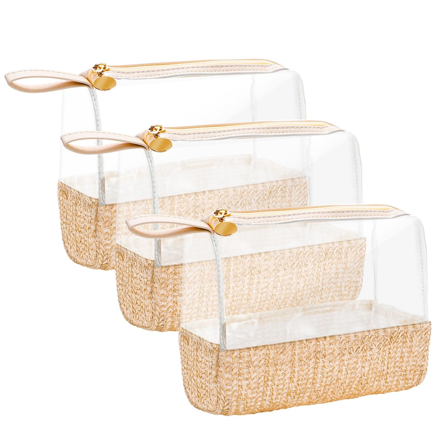 Whaline 3 Pcs Boho Straw Makeup Bag with Zipper Small Clear Travel Cosmetic Bag Waterproof Portable Toiletry Bags for Women Girls Men, 8.3 x 6.7 x 0.8 Inch