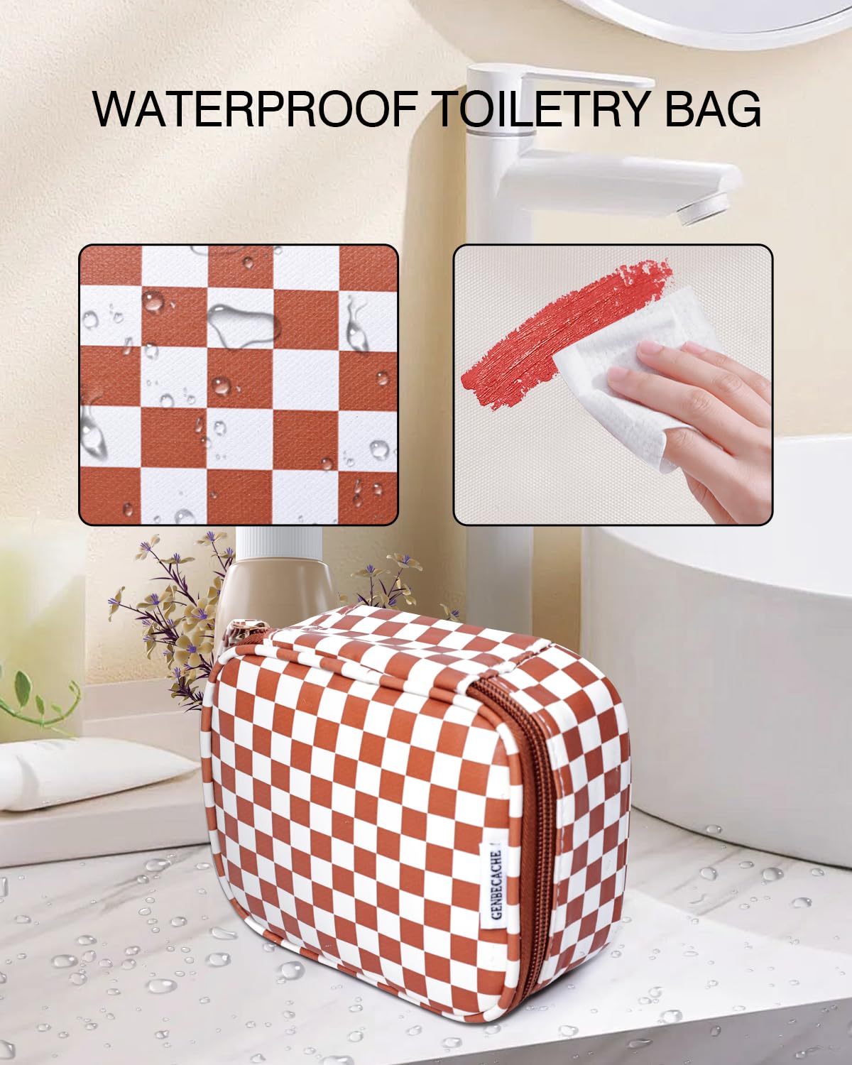 GENBECACHE Mini Cosmetic Bag, Small Makeup Bag for Purse, Zipper Checkered Pouch, Packing Cube for Travel with Wrist Strap, Brown