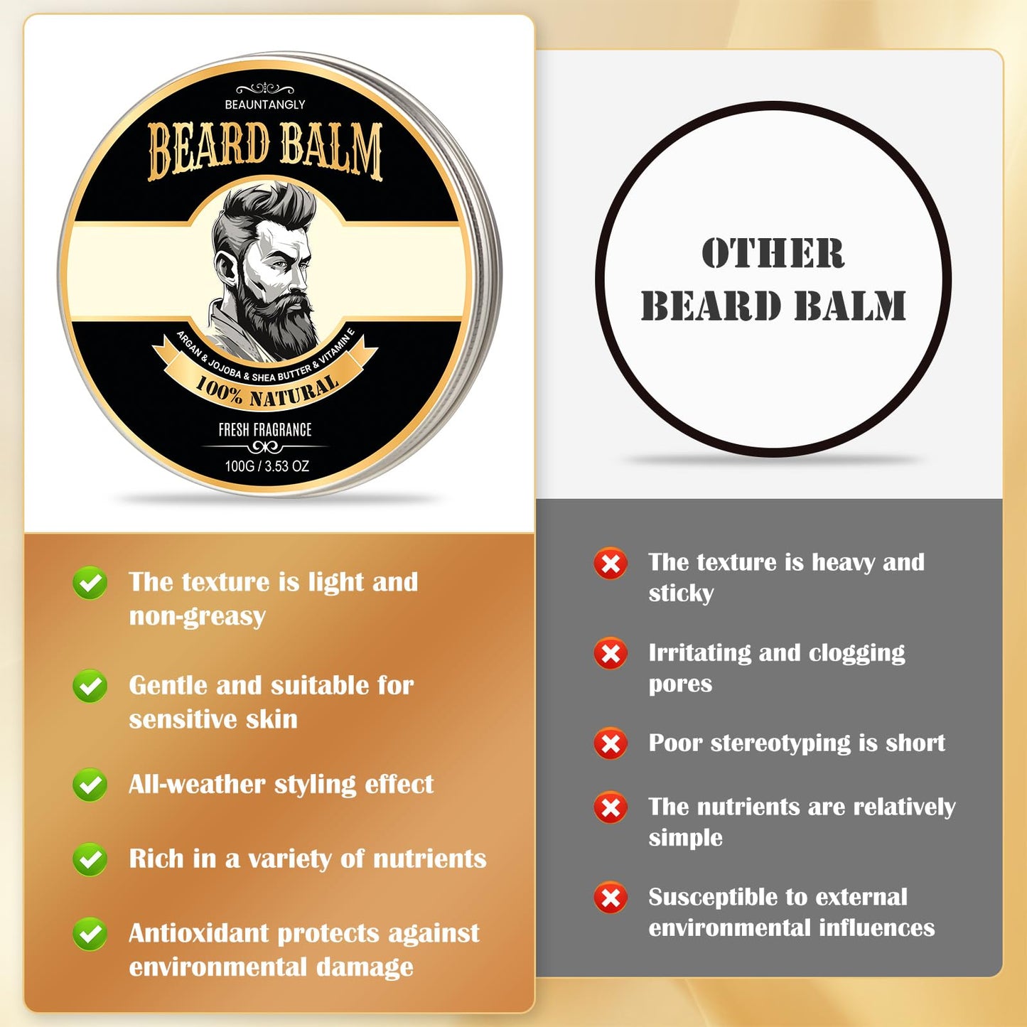 2 PACK Beard Balm for Men, 100% Natural with Shea Butter, Argan Oil, Jojoba Oil, Vitamin E - 7.06 OZ Beard Softener Moisturizer for Men