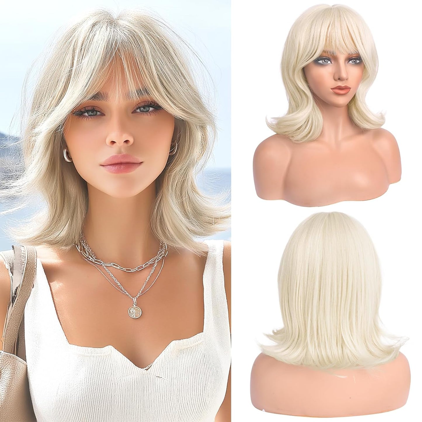 Brown Short Bob Wig with Bangs - Wavy Layered Shoulder Length | 14 Inch Synthetic Hair for Women