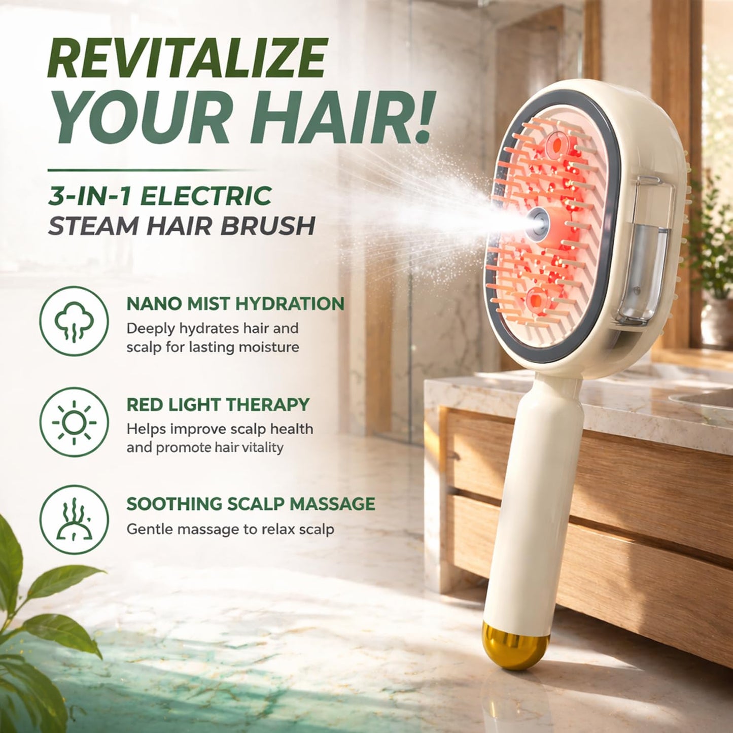Electric Steam Brush for Hair, Rechargeable Steams Hair Straightener Brush with Detangling Comb, Spray Air Cushion Massage Comb, Anti-Static Wet Hairbrush for Smoothing & Reducing Frizz (Pink)