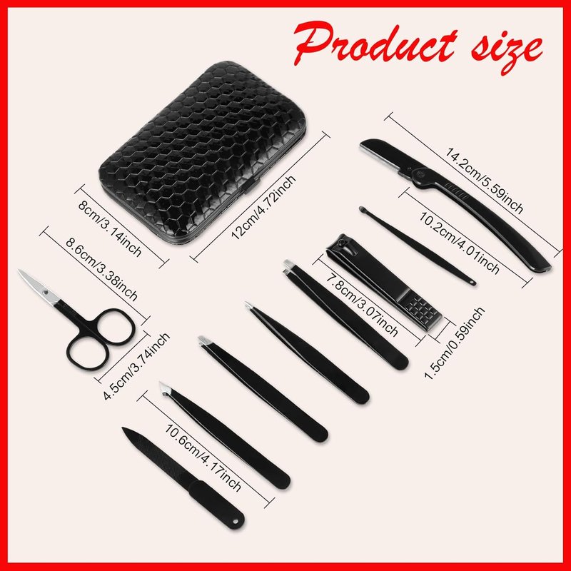 Professional Stainless Steel Tweezers and Nail Clippers Set - 9 Pcs Beauty Kit with Curved Scissors & Eyebrow Razor | Leather Travel Case