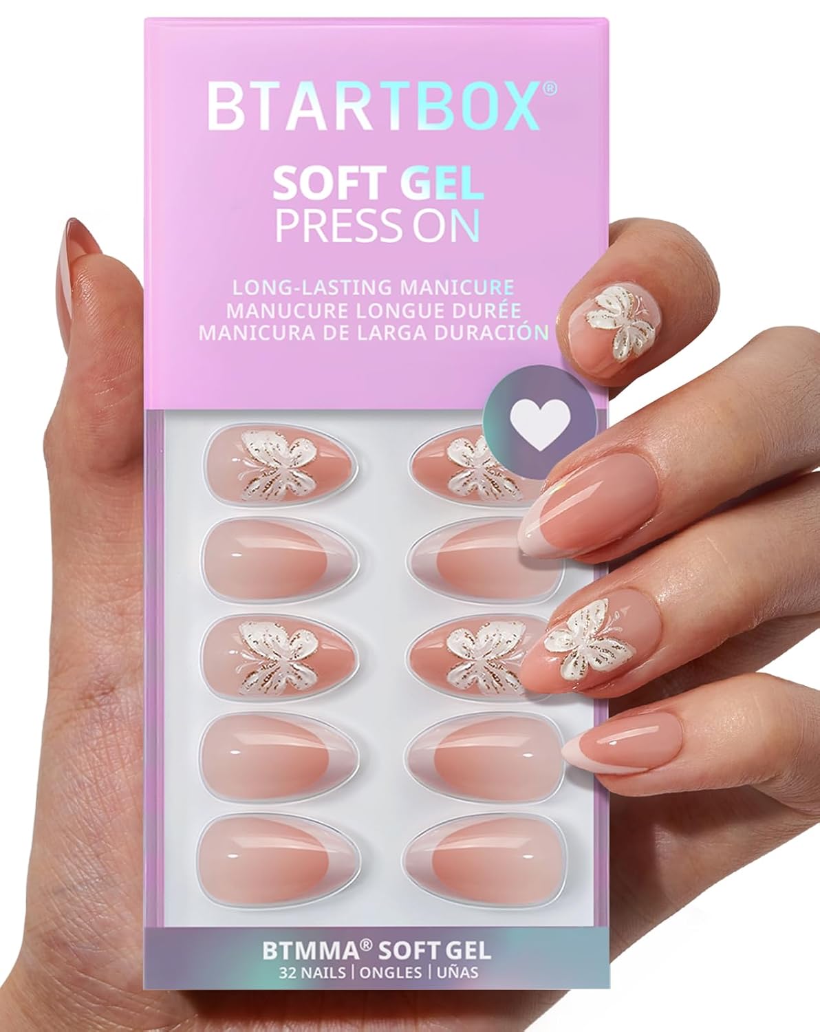 Press On Nails - 3D Butterfly French Tip Almond Design | Opaque Soft Gel, 16 Sizes, 32 Nail Kit