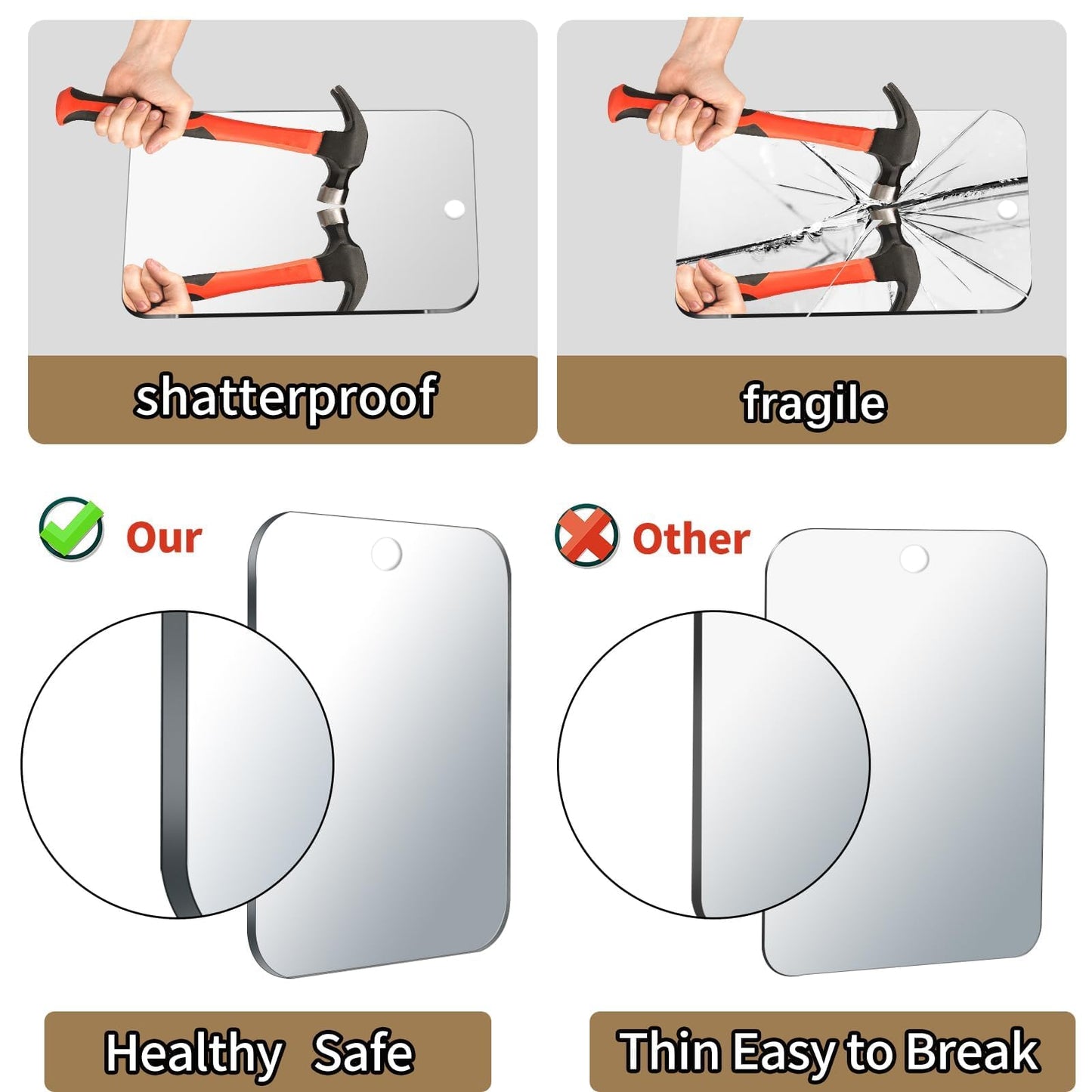 Shatterproof Shower Mirror Fogless for Shaving,(Medium 8x6 Inch) Anti Fog Shaving Mirror Holder NO-Drilling, No Fog Free Waterproof,Small Wall Mounted Bathroom Accessories Camping Hanging Men