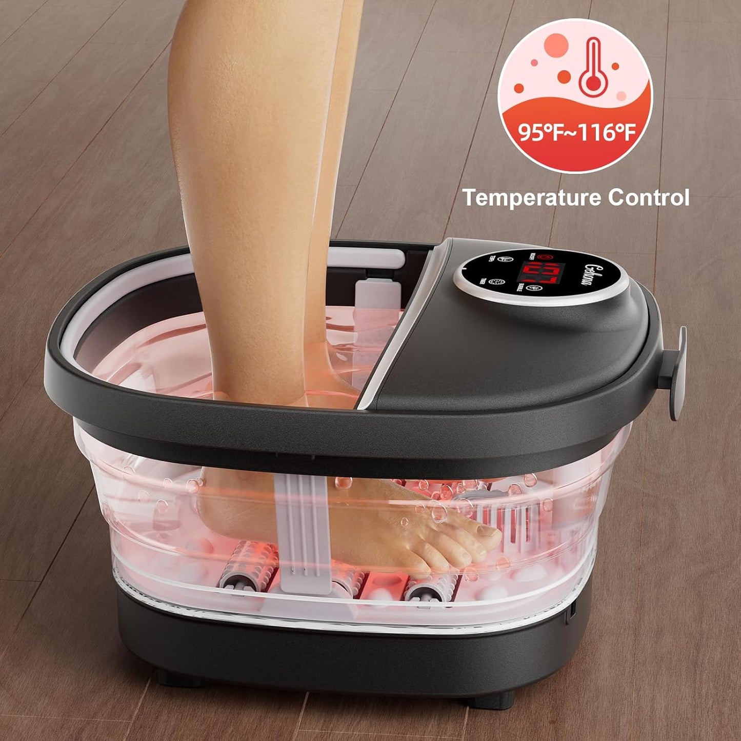 Collapsible Foot Spa Bath - Heated Foot Massager with Bubbles, Timer & Red Light | Deep Black