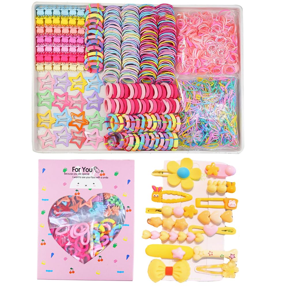Elastic Hair Ties for Girls - 889 Pcs Colorful Rubber Bands Set with 14 Cute Hair Clips