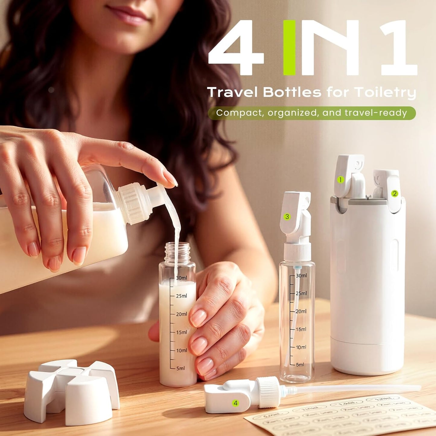 Travel Dispenser Bottle Set - 4 in 1 Leak Proof Refillable Pump Toiletry Containers | 30ML Green for Travel, Camping & Gym