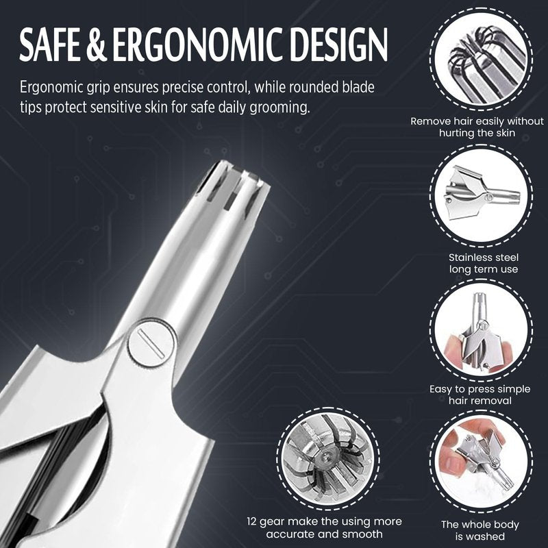 Infinity Choices Stainless Steel Hair Trimmer for Men and Women | Manual Nose and Ear Hair Trimmer | Nose Clippers, 360° Rotating Hair Trimmers | Washable Nose Hair Remover | Silver