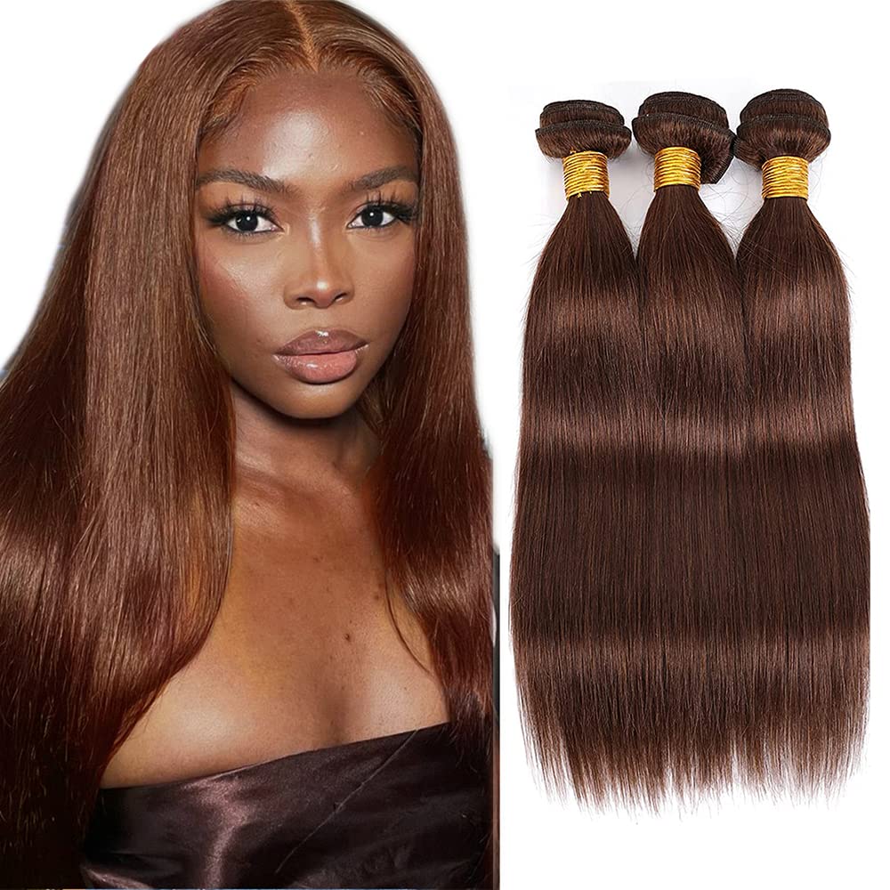#4 Brown Bundles Human Hair Chocolate Straight Bundles 28 30 32 Inch Unprocessed Brazilian Virgin Hair 3 Bundle Deals Quick Weave Hair Extensions 50 Gram Per Bundle For Woman