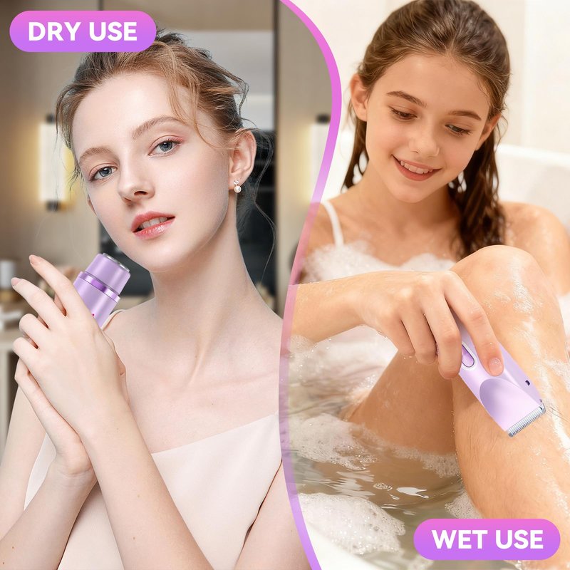 2-in-1 Bikini Trimmer for Women & Electric Razors for Women, Dual Head Design for Intimate Areas, Face, Underarms & Legs, IPX7 Waterproof Rechargeable Shaver, Portable Travel Personal Care (Purple)