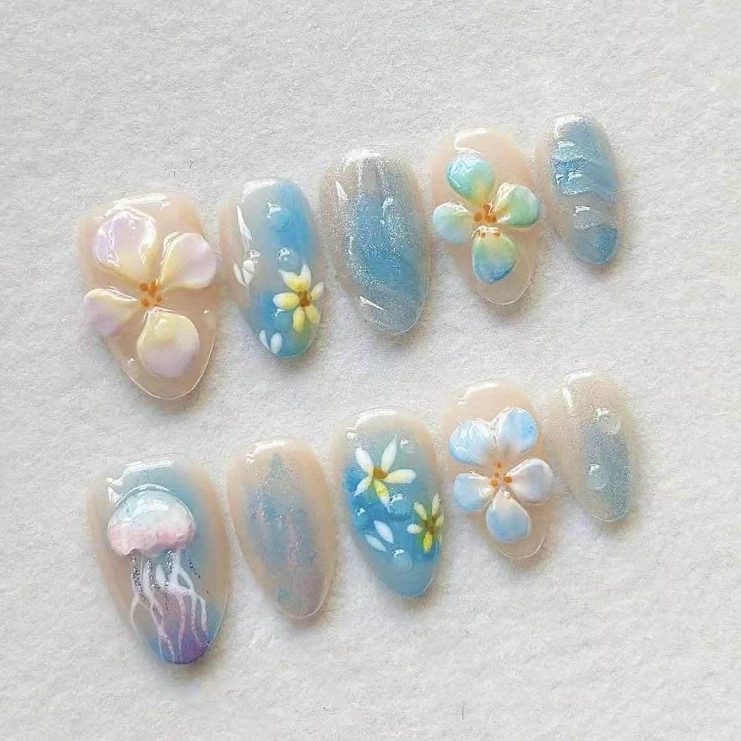 30pcs Summer Press on Nails Short Almond Fake Nails with 3D Jellyfish Floral Glitter Design Ocean Beach False Nails Cute Flower Artificial Nails Full Cover Stick on Nails for Women Nail Decorations