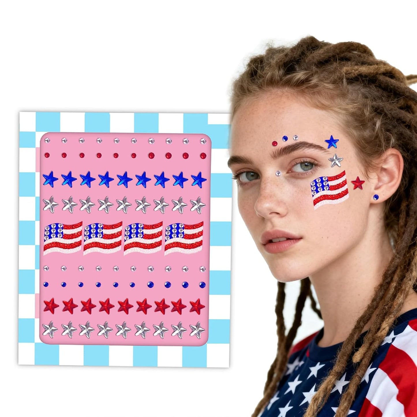 Face Gems - 80 Pcs USA Stickers for 4th of July | Patriotic Red, White, and Blue Decorations