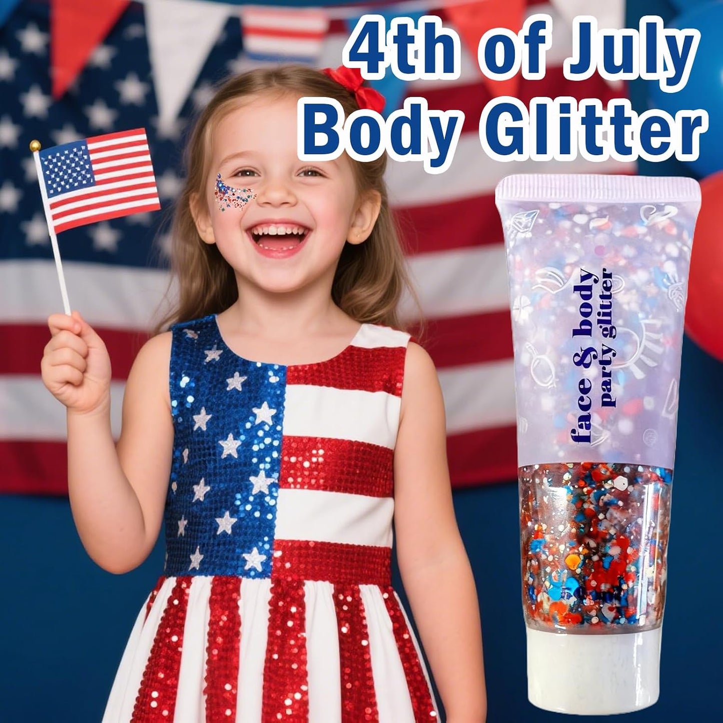 USA Flag Glitter Hair & Body Makeup - Perfect for 4th of July Celebrations | Red, White & Blue