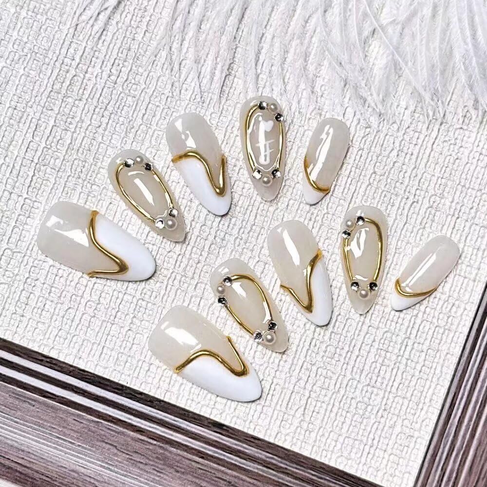 Press On Almond Nails - Handmade 3D Design, Thick Acrylic Gel | Reusable DIY Artificial Nails for Women (10 Pieces)