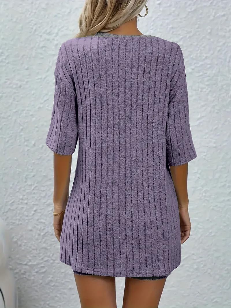 Women Set Short Sleeve Top and Shorts Ribbed Casual Sleepwear Outfit for Home Travel and Daily Relaxation 2 Pcs (Purple, M)