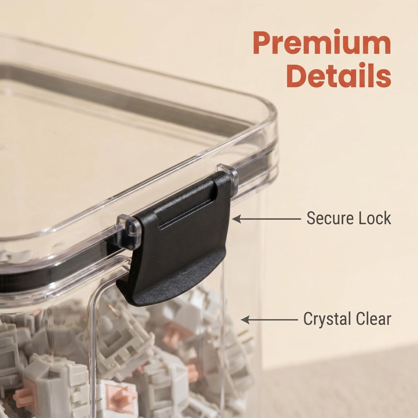 1 Pcs Clear Canisters with Airtight Lids, Square Dry Goods Storage Containers for Pantry, Mechanical Keyboard Switch Storage Box and Keycap Jar, Stackable Kitchen Food Storage Case, 700ml