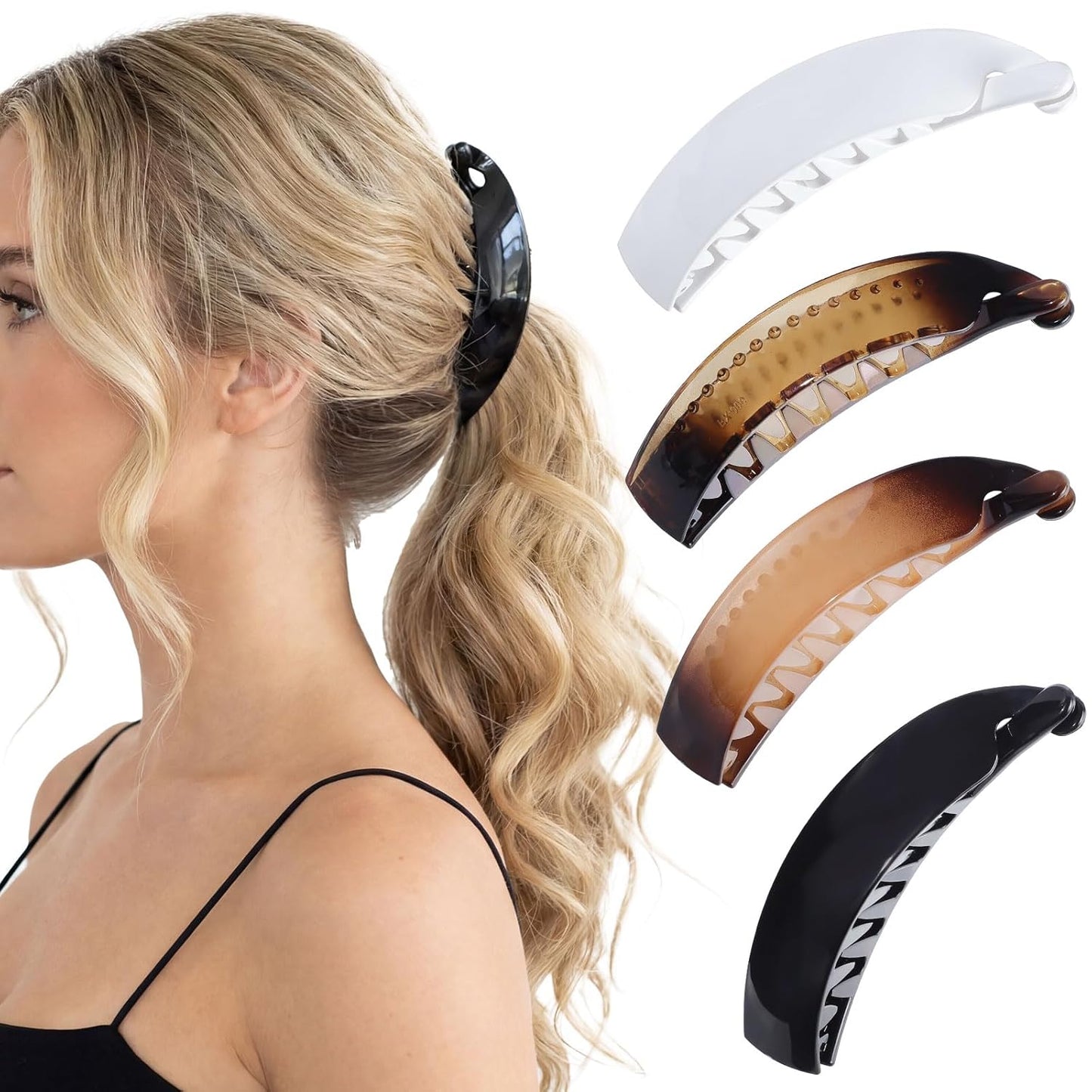 4 Pack Banana Hair Clips for Women - 4 Inch Durable Claw Clips | Retro 80s Style, Perfect for Thick Ponytails (Black, White, Brown)