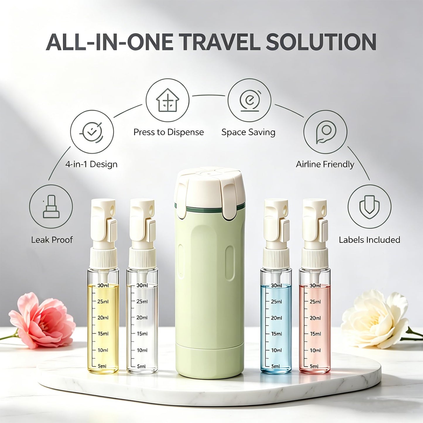 4 in 1 Travel Dispenser, Travel Bottles for Toiletries, No Squeeze Press Dispenser 30ML Leak Proof Travel Containers, Portable Refillable Shampoo Lotion Conditioner Bottles with Labels(2White)