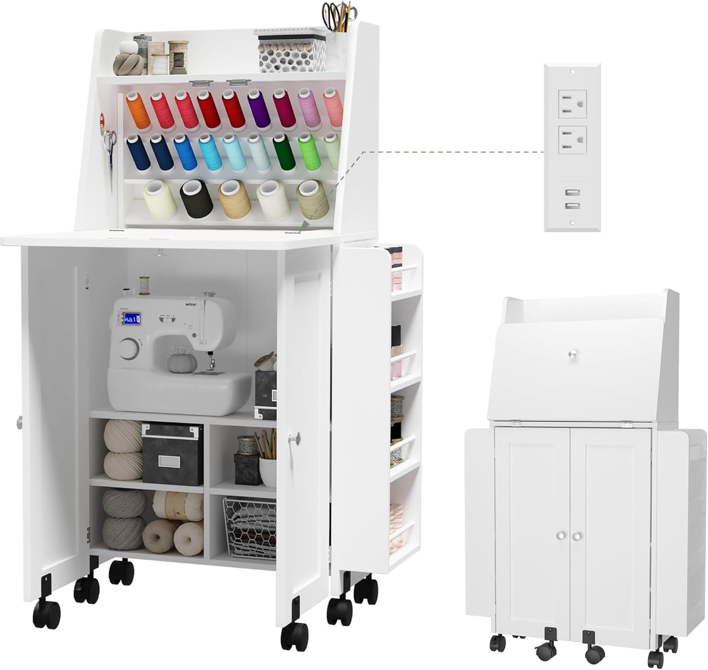 Portable Sewing Table - Folding Sewing Machine Cabinet with Charging Station | 23 Spools Thread Rack for Small Spaces (White)