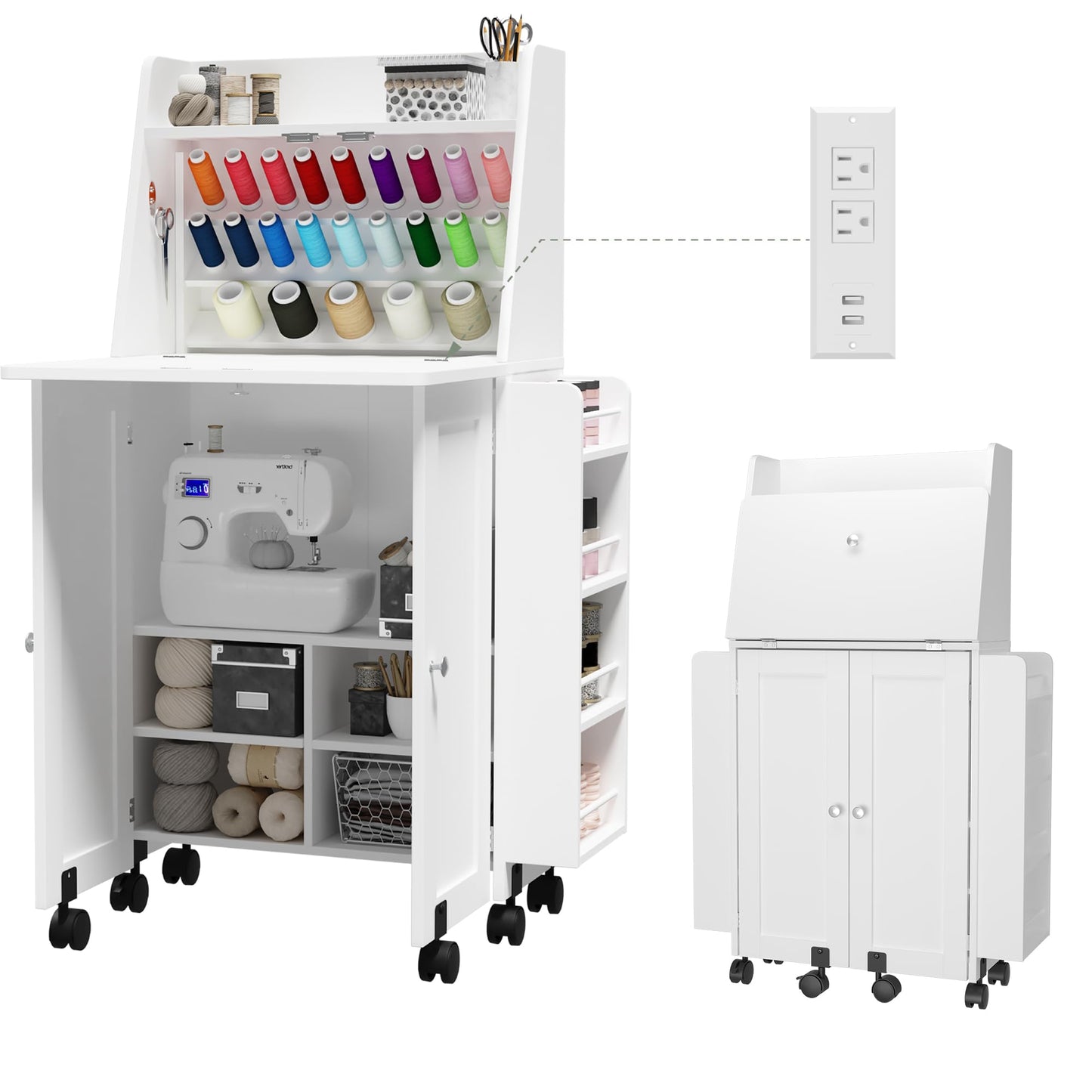 DUDUSHIMAN Portable Sewing Table, Folding Sewing Machine Cabinet Desk with Charging Station, 23 Spools Thread Rack,Sewing Cabinet with Expandable Desk, for Home or Studio Small Spaces (White)