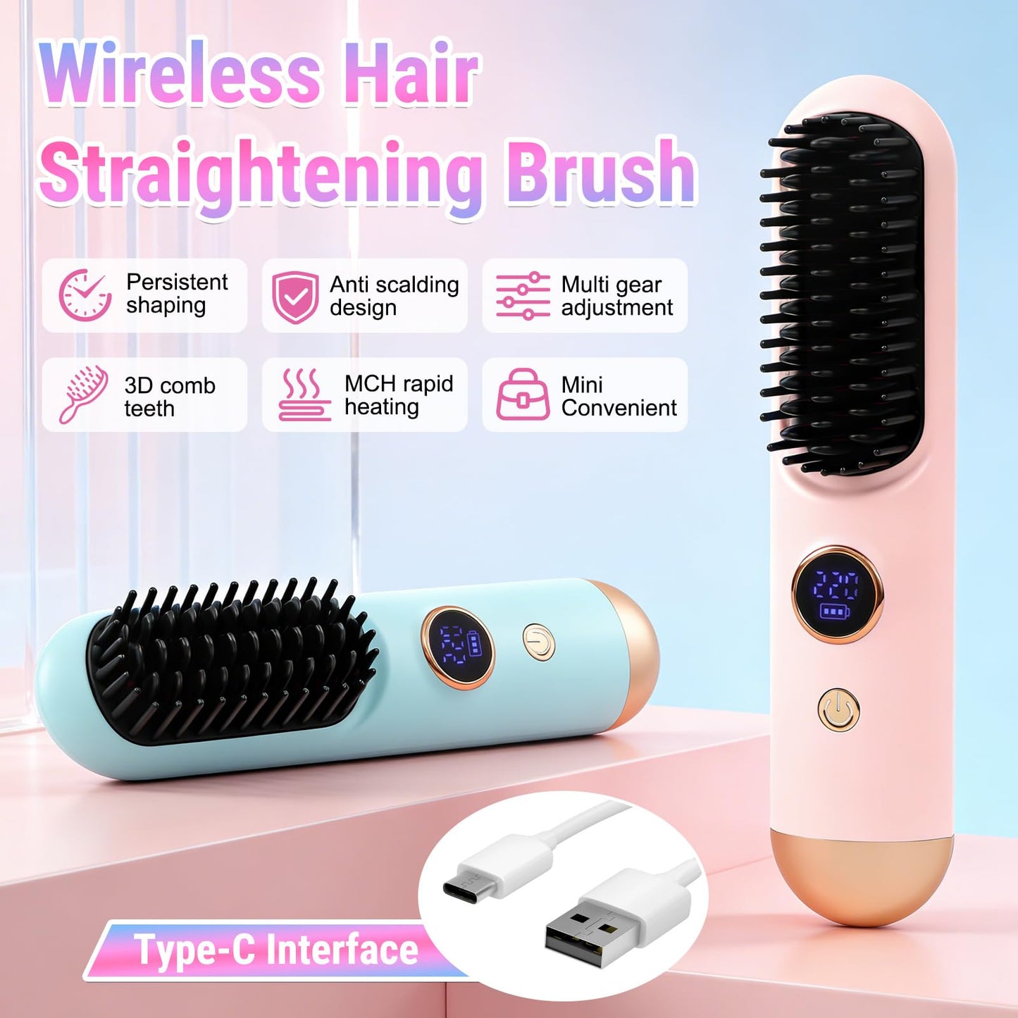 2026 Hair Straightener Brush, Cordless Hair Straightener Brush for Short Hair, Mini Portable Cordless Travel Straightening Hair Comb Brush with 9 Temps Fast Heating for Women (Blue)