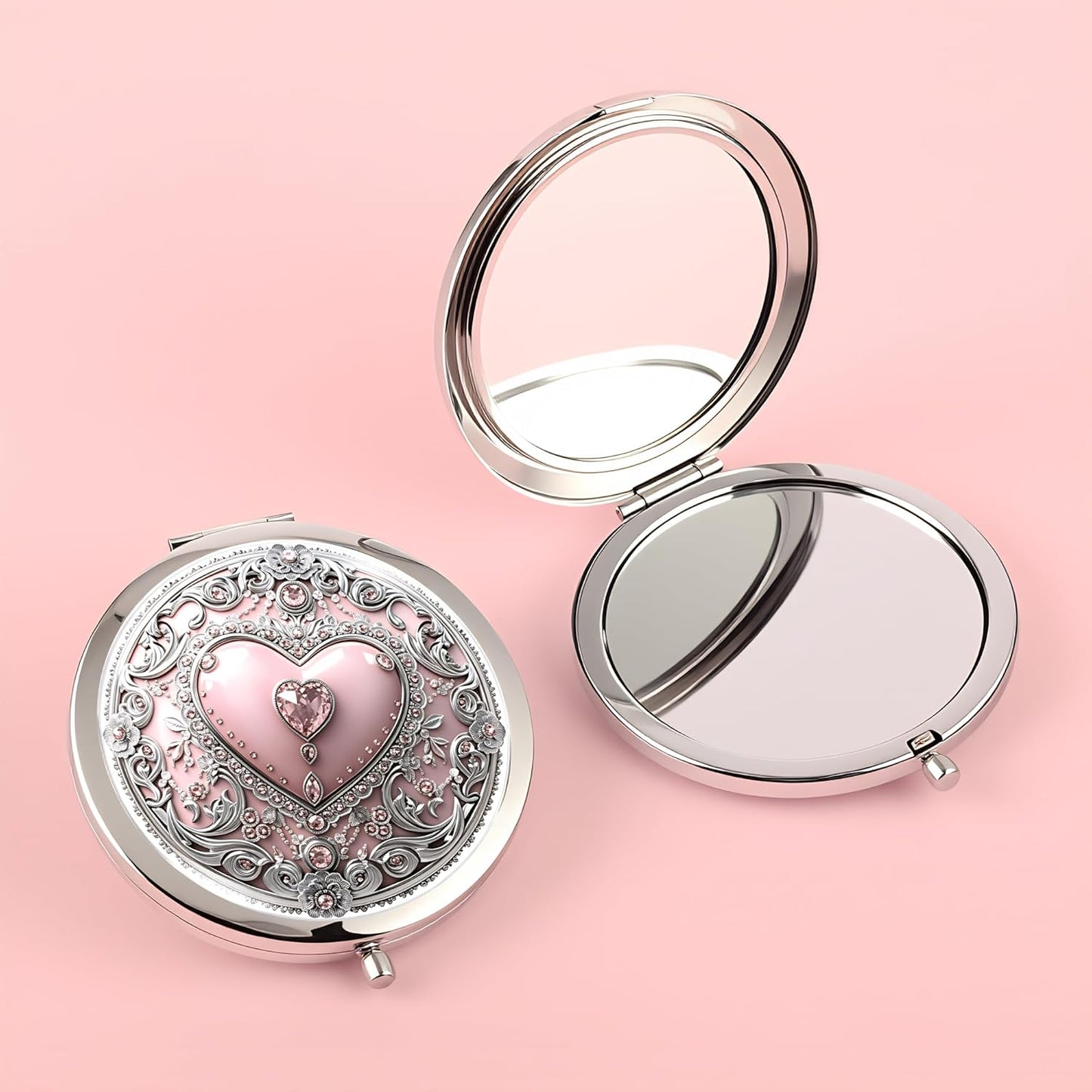 Silver Compact Mirror - Double-Sided Folding Makeup Mirror with Pink Heart Design | 2.8x2.8 Inch Ideal Gift for Women