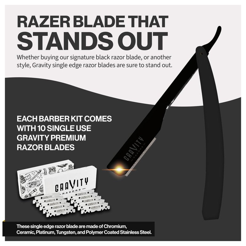 GRAVITY RAZORS Professional Straight Razor Kit – Ultra Exposure, Includes 10 Premium Blades, 2mm Exposed, Matte Black