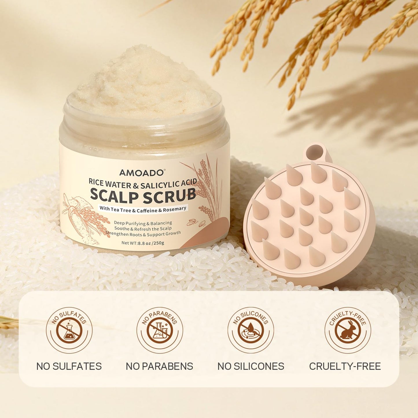 AMOADO Rice Water Scalp Scrub with Salicylic Acid(BHA), Tea Tree & Rosemary – Gentle Exfoliating Scalp Scrub Shampoo for Dandruff, Removes Buildup, Controls Oil & Refreshes the Scalp, 8.8 oz