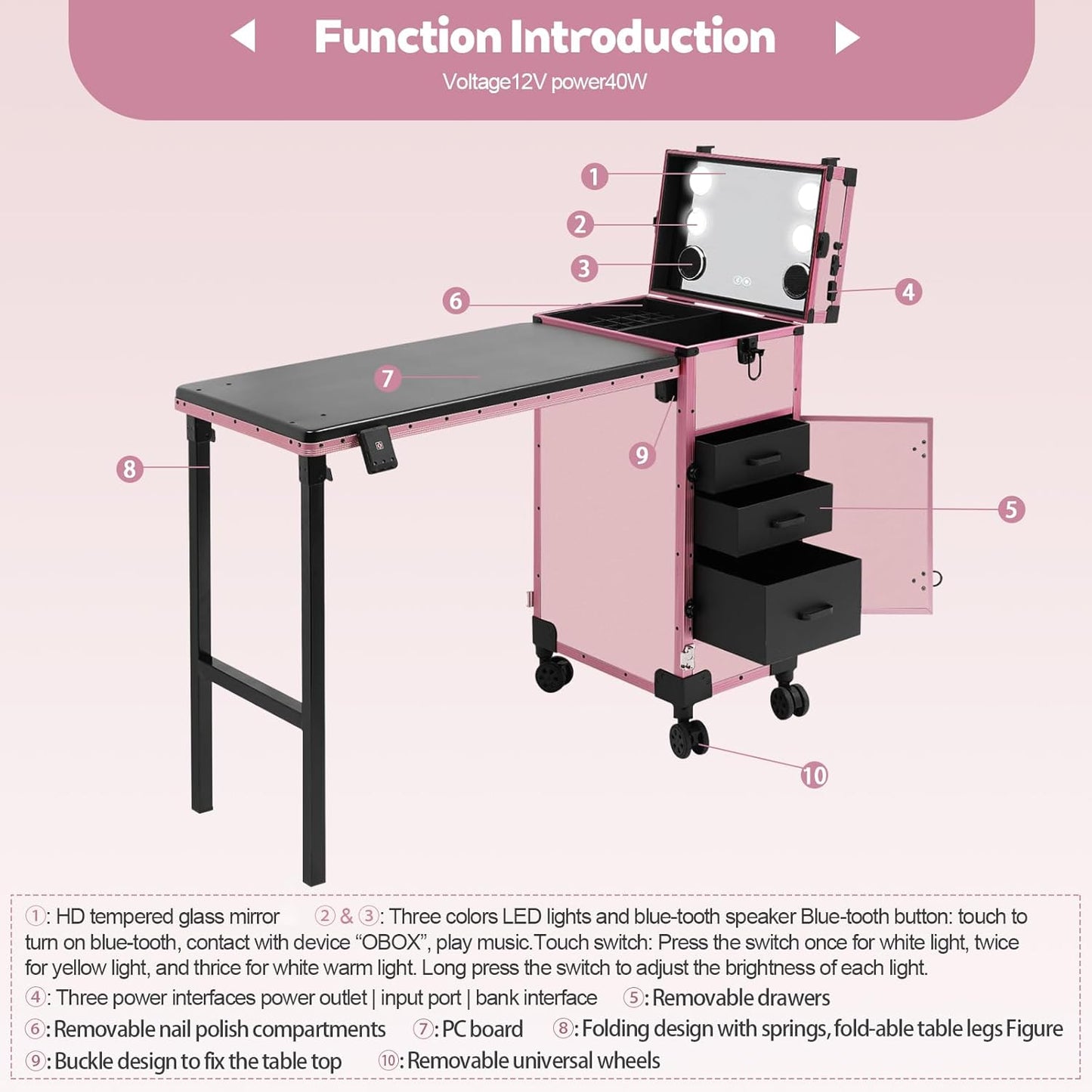 Portable Rolling Manicure Table - Foldable Nail Desk with Storage & Adjustable Light | Pink, 3 Drawers