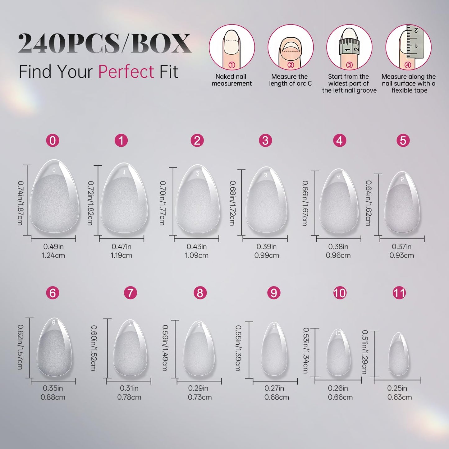 krofaue Almond Nail Tips 240pcs - Half Matte Short Press On Nails, 12 Sizes Pre-Shaped Extra Short Clear Tips for Full Cover Nail Extensions DIY