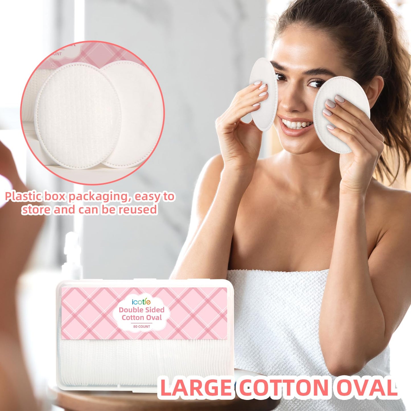 ICOTLE Large Oval Cotton Pads, 80 Count, Multi-Layer, Lint-Free, Dual-Sided, Ultra-Soft Cotton Oval Pads for Makeup Removal, Cleansing, and Toner Application