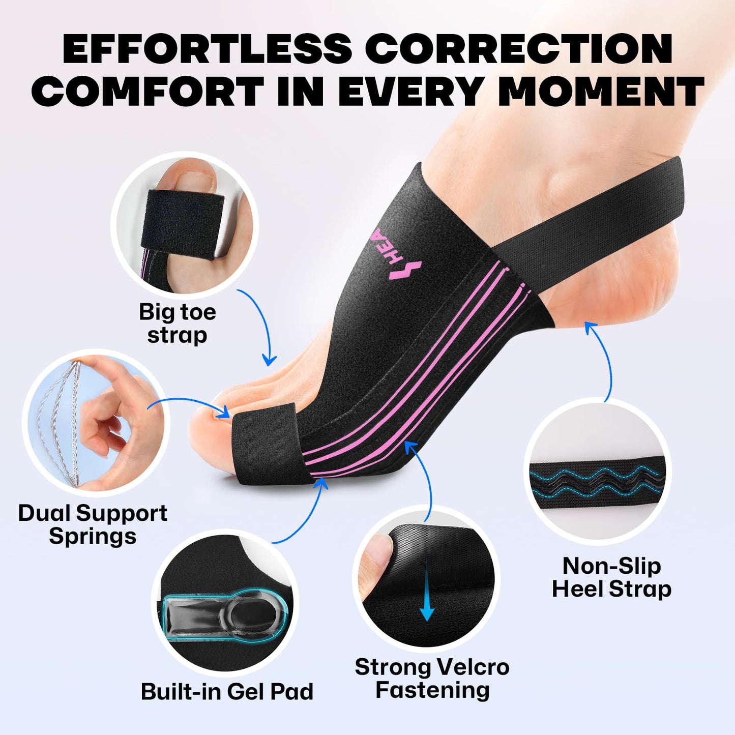 Healrecux Bunion Corrector & Hammer Toe Splint - with Flexible Steel Springs & Cushion Pad, Hallux Valgus Corrector for Strong Alignment & Pain Relief, Bunion Brace for Women Men - Pink Stripes